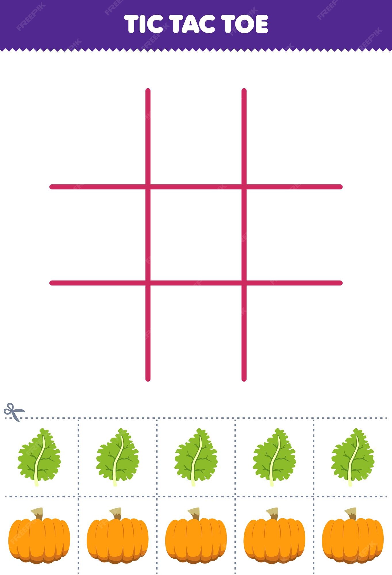 Jogo educativo para crianças conjunto de jogo da velha com imagem de couve  e abóbora de desenho animado fofo planilha de vegetais para impressão