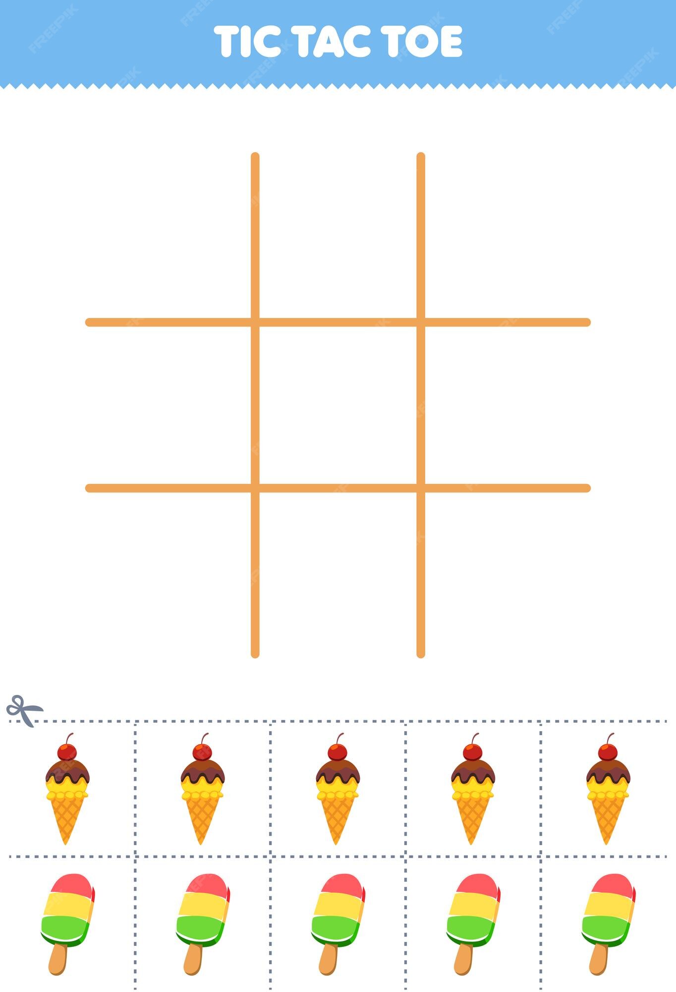 Jogo educativo para crianças conjunto de jogo da velha com pizza de desenho  animado fofo e imagem de cachorro-quente planilha de comida para impressão