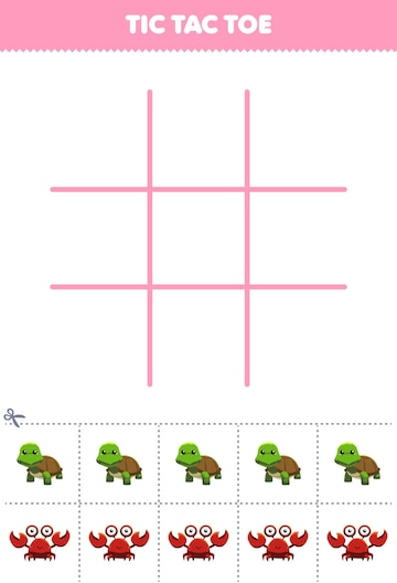 Jogo educativo para crianças conjunto de jogo da velha com tartaruga de  desenho animado e imagem de caranguejo para impressão