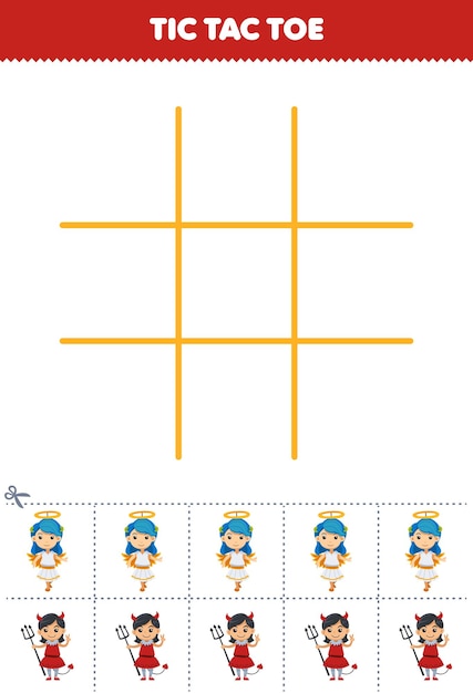 Vetor jogo educativo para crianças conjunto tic tac toe com lindo desenho animado anjo e diabo menina imagem para impressão planilha de halloween