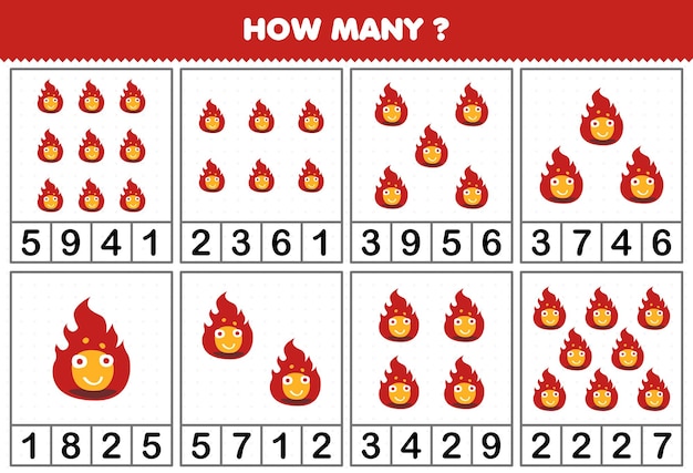 Jogo educacional para crianças contando quantos desenhos animados fofos de  fogo ou água em cada planilha de natureza imprimível de mesa