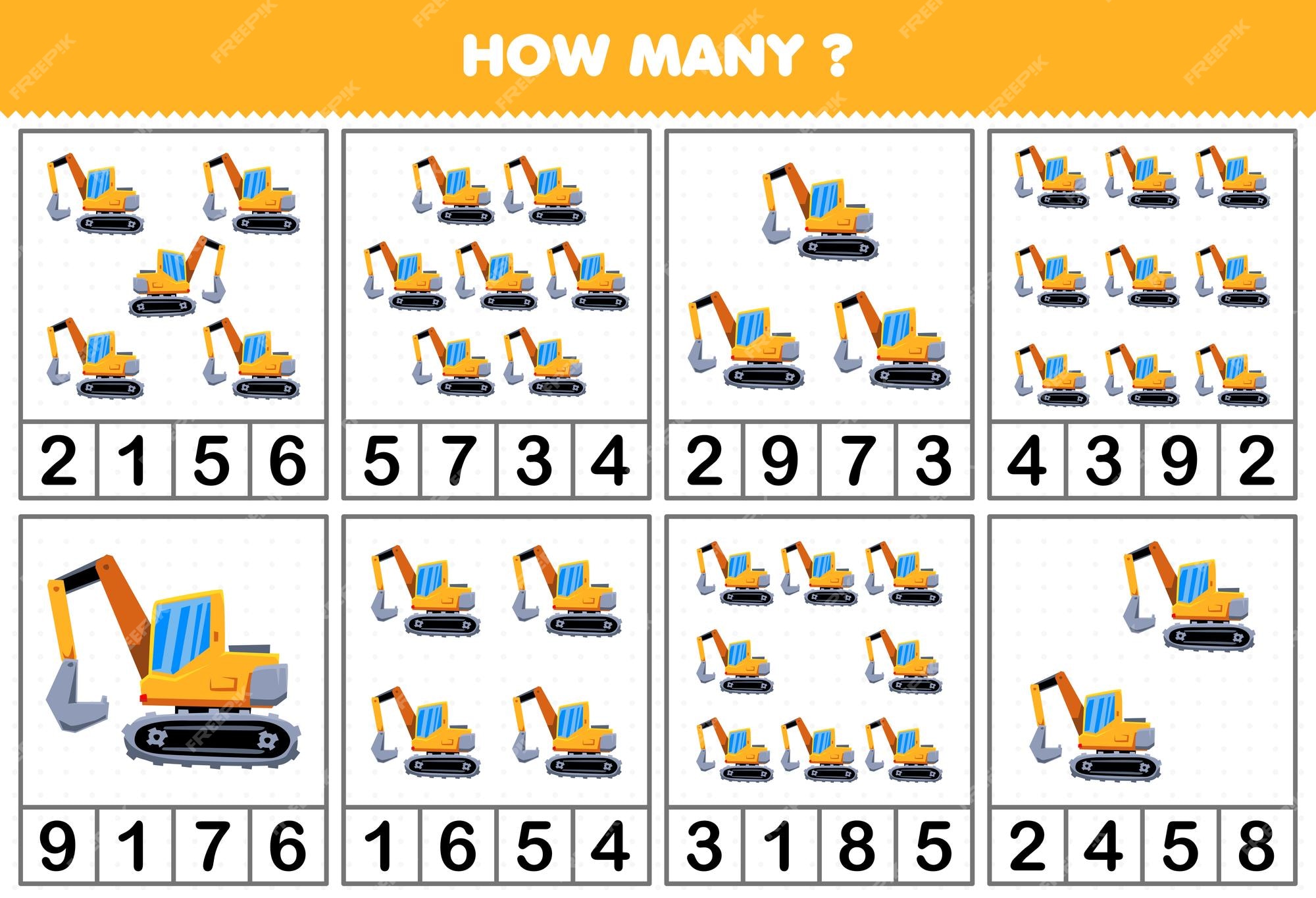 Jogo educativo para crianças pesquisando e contando atividade para  pré-escola quantas máquinas pesadas de transporte escavadeira concentrador  caminhão basculante