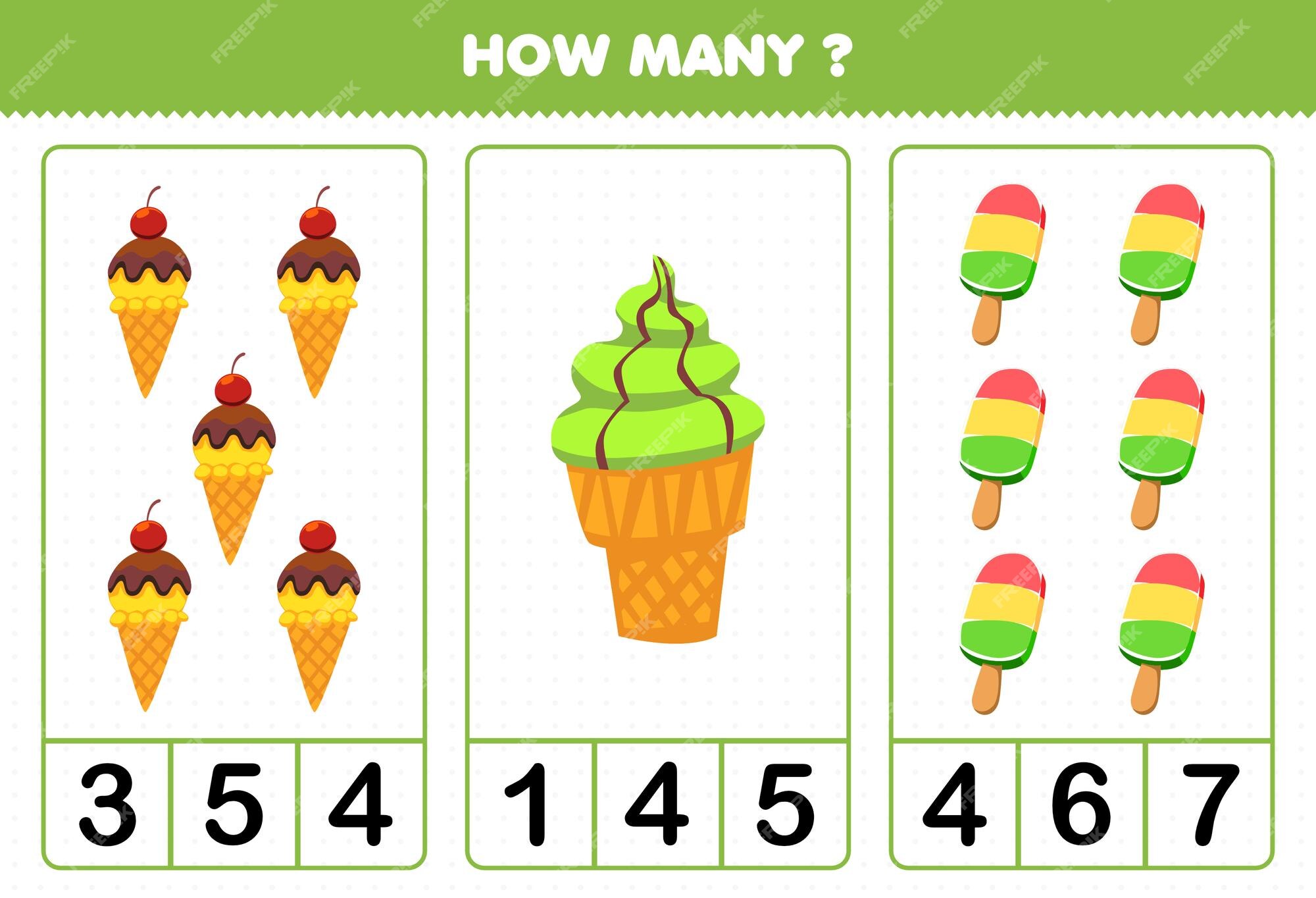 Jogo De Correspondência Com Cones De Sorvete E Colheres. Atividade  Matemática De Comida De Verão Para Crianças Pré-escolares. Férias De Praia  Contando Planilha. Educacional Imprimível Com Elementos Engraçados Bonitos  Para Crianças Royalty