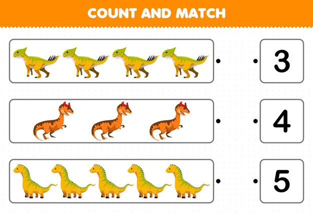 Jogo educativo para crianças contar e combinar contar o número de dinossauro amarelo laranja pré-histórico dos desenhos animados e combinar com os números certos planilha imprimível