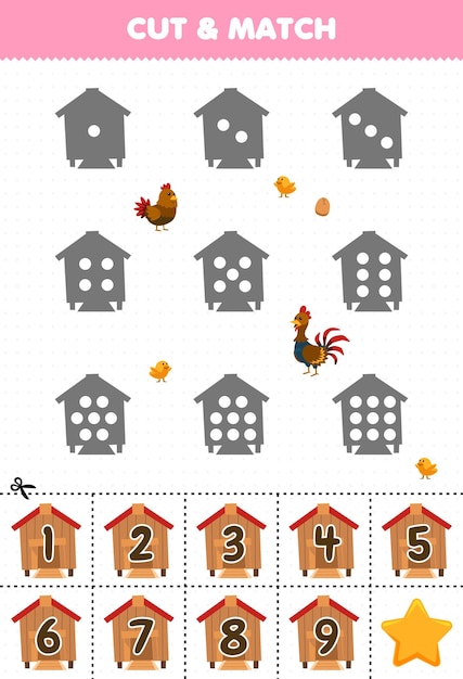 Jogo educativo para crianças contar os pontos em cada silhueta e combiná-los com a planilha de fazenda imprimível coop numerada correta