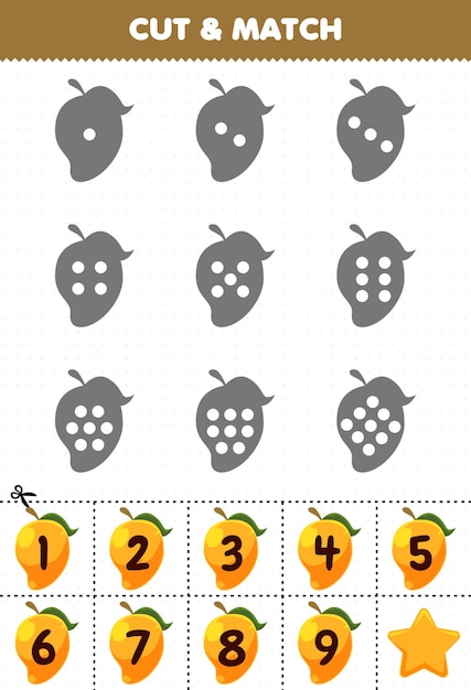 Jogo educativo para crianças contar os pontos em cada silhueta e combiná-los com a planilha numerada correta para impressão de frutas de manga