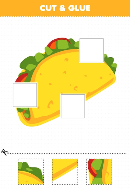 Jogo educativo para crianças corta e cola partes cortadas de taco de comida de desenho animado fofo e cola-as planilha imprimível