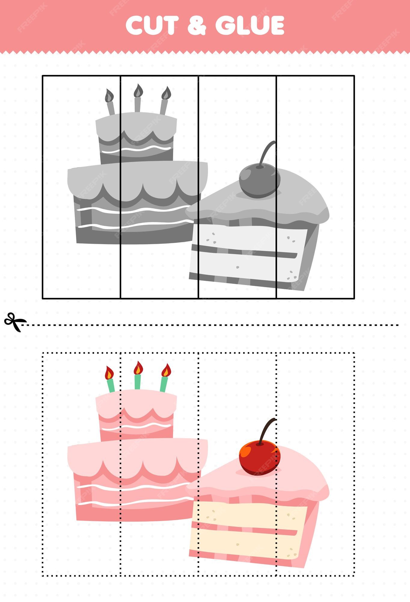 Jogo educativo para crianças cortado e colado com bolo de comida