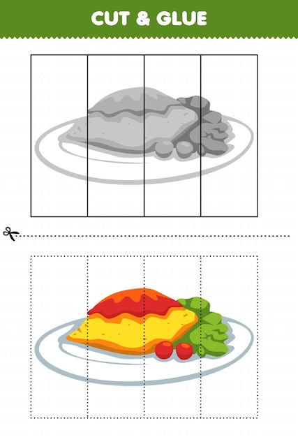Jogo educativo para crianças cortado e colado com bolo de comida de desenho  animado