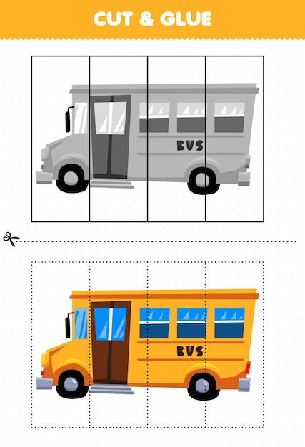 Vetor jogo educativo para crianças cortado e colado com ônibus de transporte de desenho animado