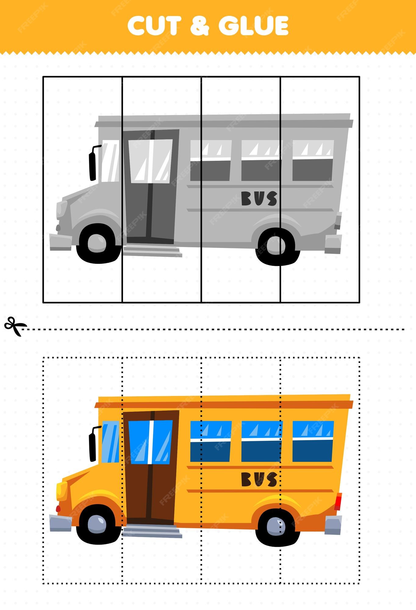 Jogo educativo para crianças cortado e colado com ônibus de transporte de  desenho animado