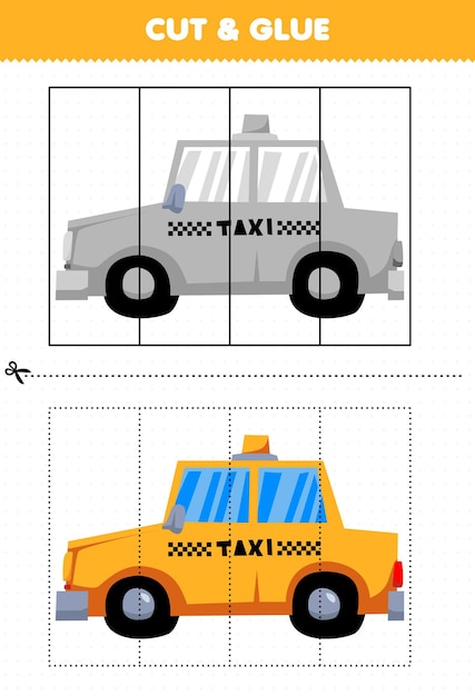 Jogo educativo para crianças cortado e colado com táxi de transporte de desenho animado