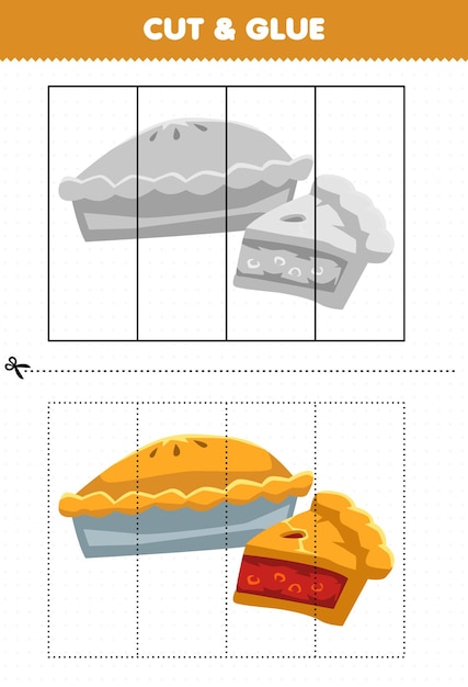 Jogo educativo para crianças cortado e colado com torta de comida de desenho animado