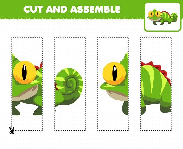 Jogo educativo para crianças cortando prática e montando quebra-cabeça com iguana animal de desenho animado fofo