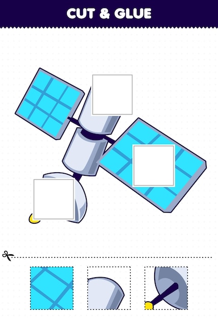 Jogo educativo para crianças cortar e colar partes cortadas de um satélite de sistema solar de desenho animado fofo e colá-las planilha imprimível