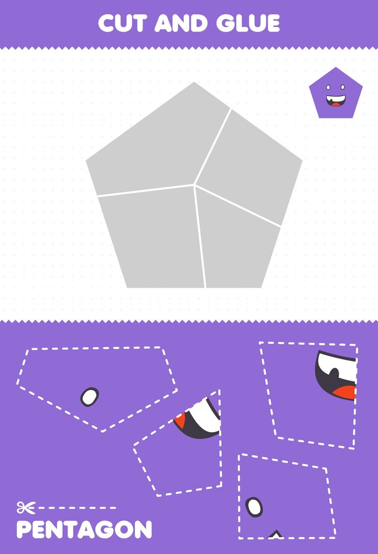Vetor jogo educativo para crianças cortar e colar quebra-cabeças cortar partes do pentágono de forma geométrica de desenho animado fofo e colá-las planilha imprimível
