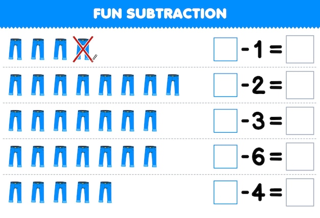 Jogo educativo para crianças diversão subtração contando calças de brim azul de desenho animado em cada linha e eliminando-o planilha de roupas vestíveis imprimíveis