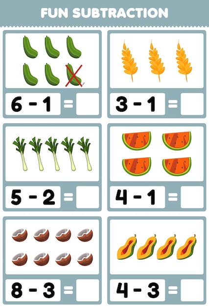 Jogo educativo para crianças diversão subtração contando e eliminando desenhos animados frutas e legumes pepino trigo alho-poró melancia coco mamão planilha