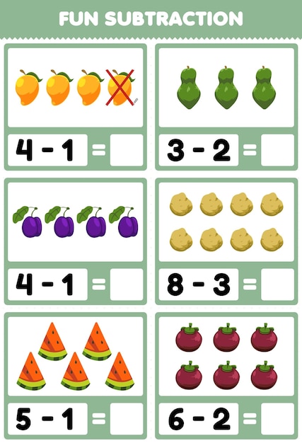 Jogo educativo para crianças diversão subtração contando e eliminando frutas e legumes dos desenhos animados manga mamão ameixa batata melancia mangostão planilha