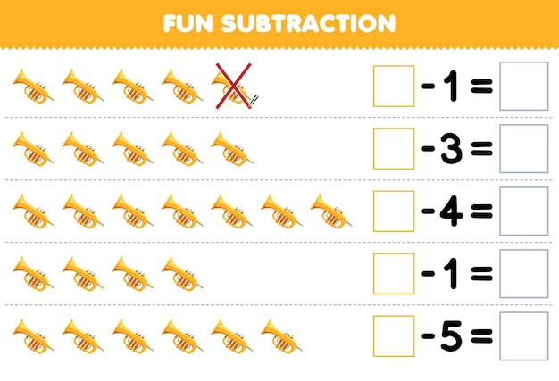 Jogo educativo para crianças divertidas subtração contando trompete de desenho animado em cada linha e eliminando-o planilha de instrumento de música imprimível