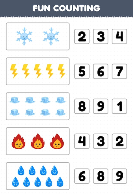 Jogo educativo para crianças, divertido, contando e escolhendo o número  correto de floco de neve bonito, trovão, fogo, gelo, água, planilha de  natureza imprimível