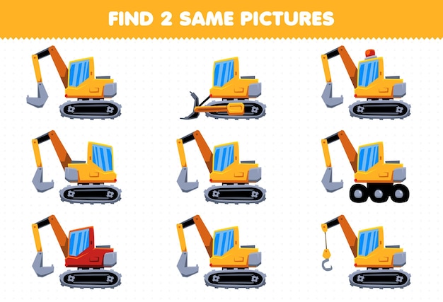 Jogo educativo para crianças encontra duas mesmas imagens escavadeira de transporte