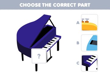 Jogo educativo para crianças, escolha a parte correta para completar uma  planilha de instrumento musical com imagem de piano de desenho animado