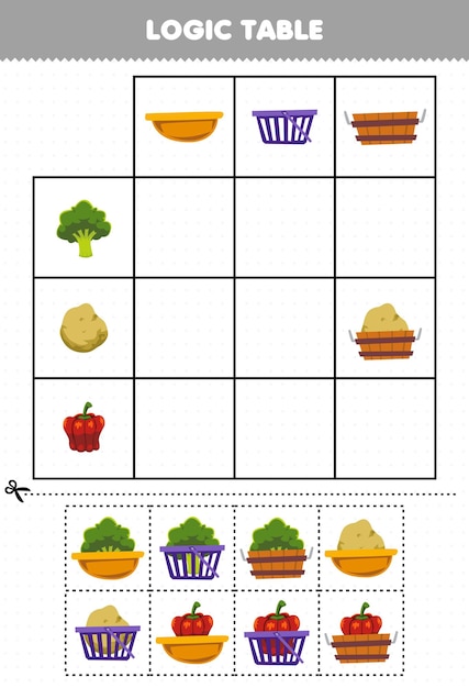 Jogo educativo para crianças, mesa lógica dos desenhos animados, brócolis, batata, páprica, com a planilha correta para impressão da cesta