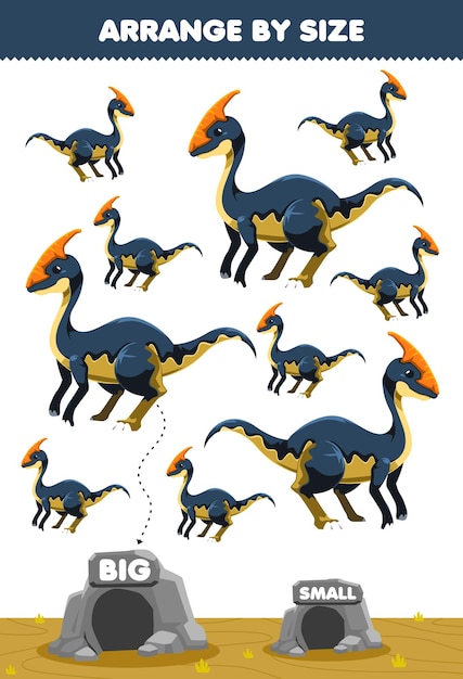 Jogo educativo para crianças, organizado por tamanho grande ou pequeno, mova-o na caverna, desenhos animados bonitos, imagens de parasaurolophus de dinossauros pré-históricos