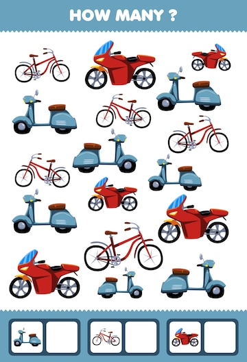 Jogo educativo para crianças pesquisando e contando atividade para  pré-escola quantos transporte bicicleta moto scooter