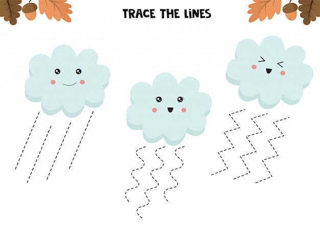 Jogo educativo para crianças. planilha de pré-escola. trace as linhas. nuvens fofas. prática de caligrafia.