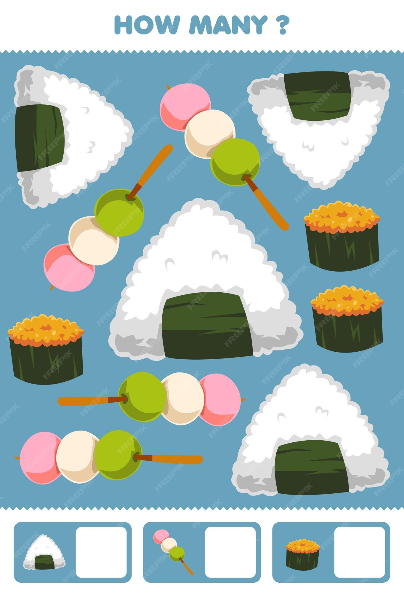 comida asiática tradicional. mini-jogo para crianças quanto. ajude o lindo  panda a contar os diferentes tipos de sushi. comida asiática, ensinando  crianças em idade pré-escolar. cultura japonesa, culinária de diferentes  nações 17106299