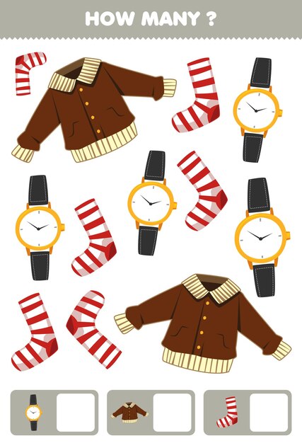 Jogo educativo para crianças procurando e contando quantos objetos de desenho animado jaqueta de roupas relógio meias