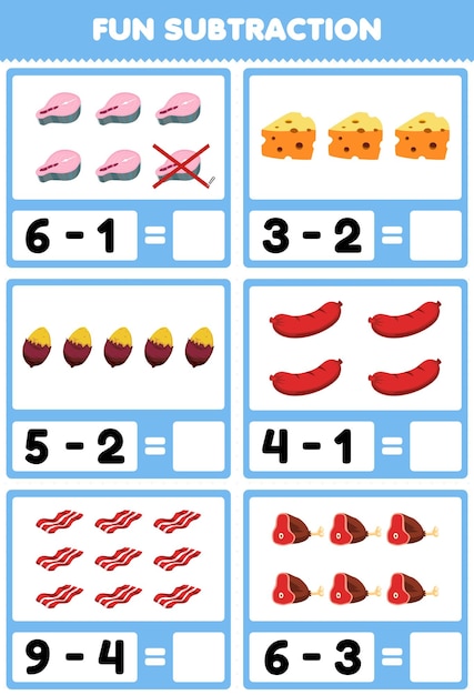 Jogo educativo para crianças subtração divertida contando e eliminando comida de desenho animado salmão queijo inhame salsicha bacon carne