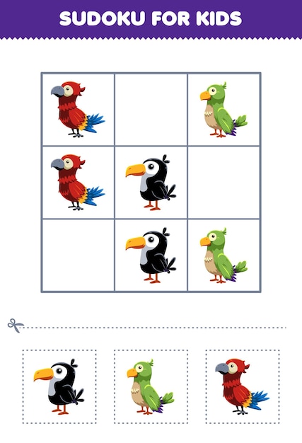 Jogo educativo para crianças sudoku fácil para crianças com lindo desenho  animado tucano periquito papagaio folha de trabalho animal imprimível