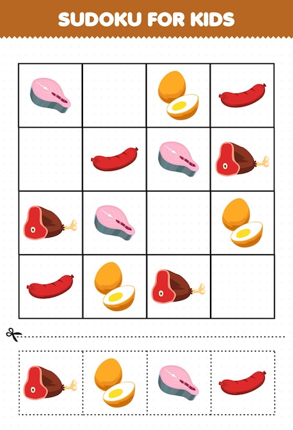 Jogo educativo para crianças sudoku para crianças com fotos de carne de salsicha de ovo de salmão de comida de desenho animado