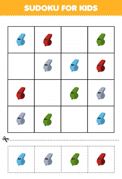 Jogo educativo para crianças sudoku para crianças com planilha para impressão de apito de instrumento de música de desenho animado