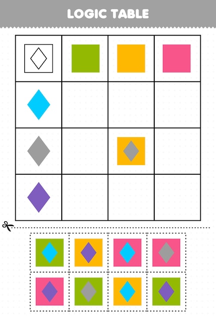 Vetor jogo educativo para crianças tabela lógica forma geométrica quadrado e planilha imprimível de losango