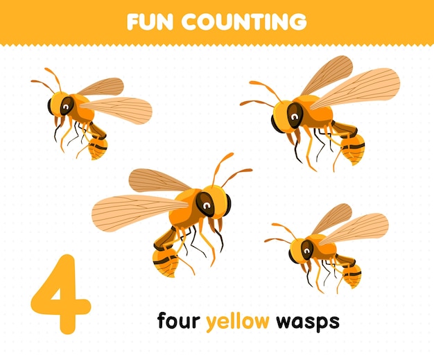 Jogo educativo para diversão infantil contando quatro vespas amarelas planilha de bug imprimível