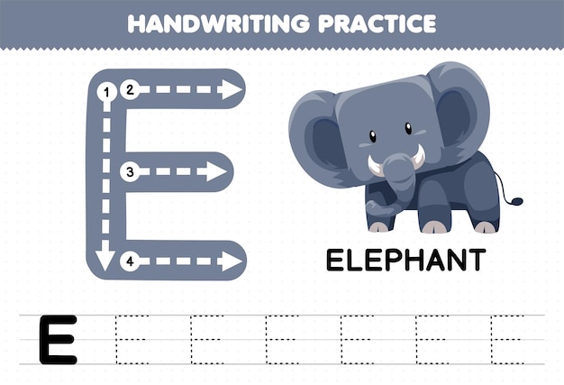 Jogo educativo para prática de caligrafia infantil com letras maiúsculas e para planilha imprimível de elefante