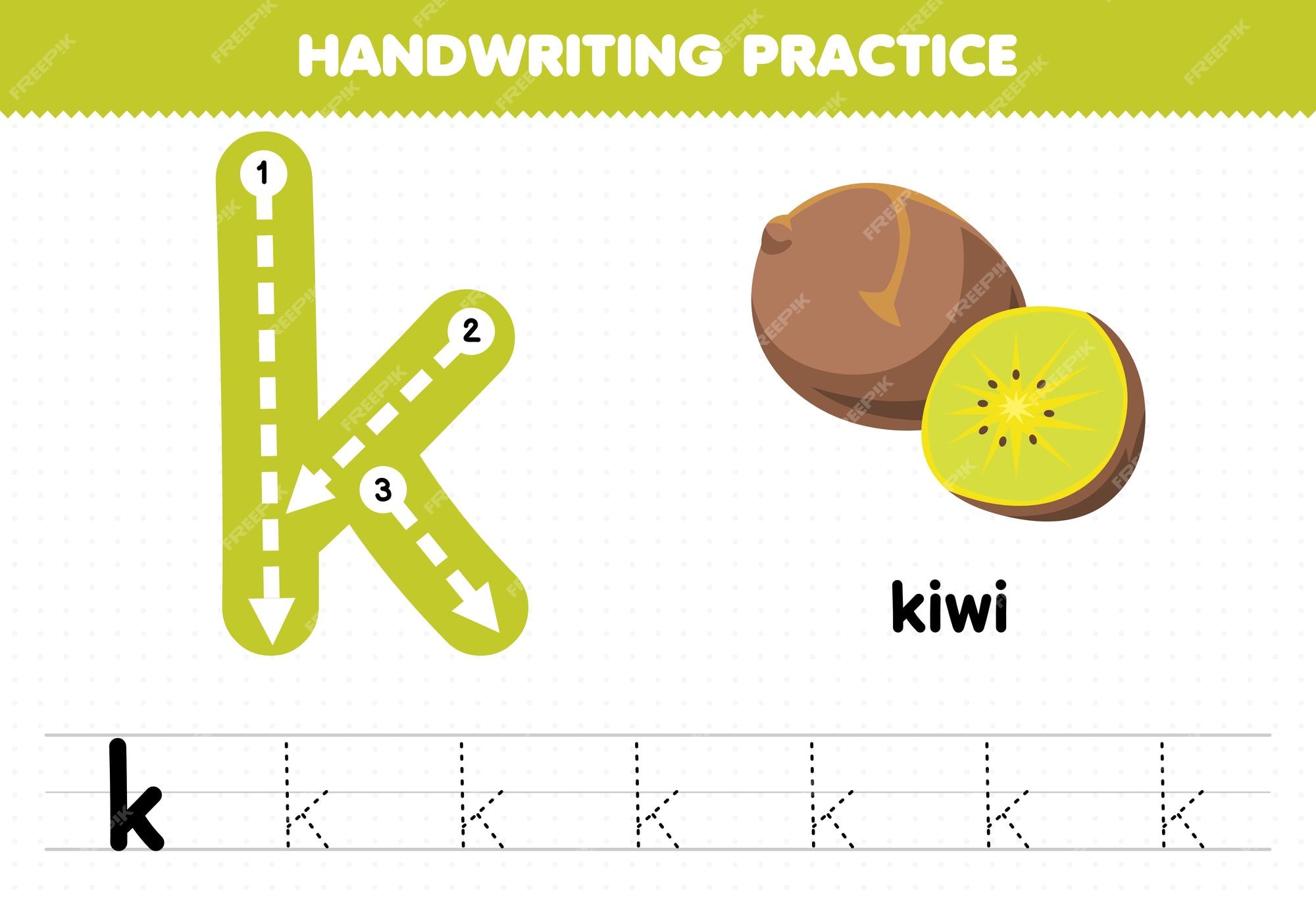 Jogo educativo para prática de caligrafia infantil com letras minúsculas k  para planilha imprimível de kiwi