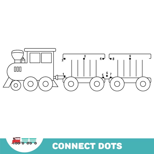 Jogo educativo ponto a ponto para crianças pré-escolares Conecte números Vetor de trem colorido