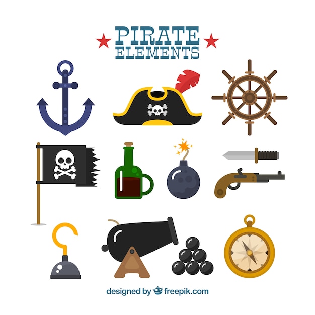 Vetor jogo, fantástico, pirata, elementos, liso, desenho