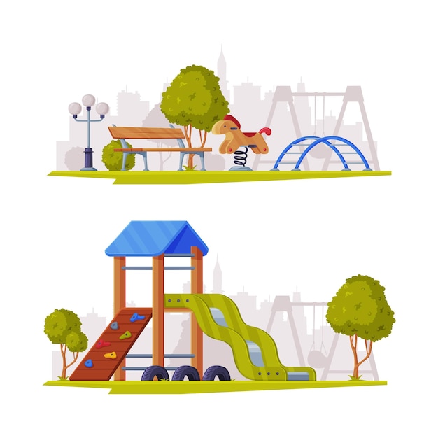 Jogo infantil como área pública urbana de verão para jogar conjunto de ilustrações vetoriais