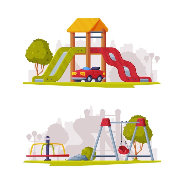 Jogo infantil como área pública urbana de verão para jogar conjunto de ilustrações vetoriais