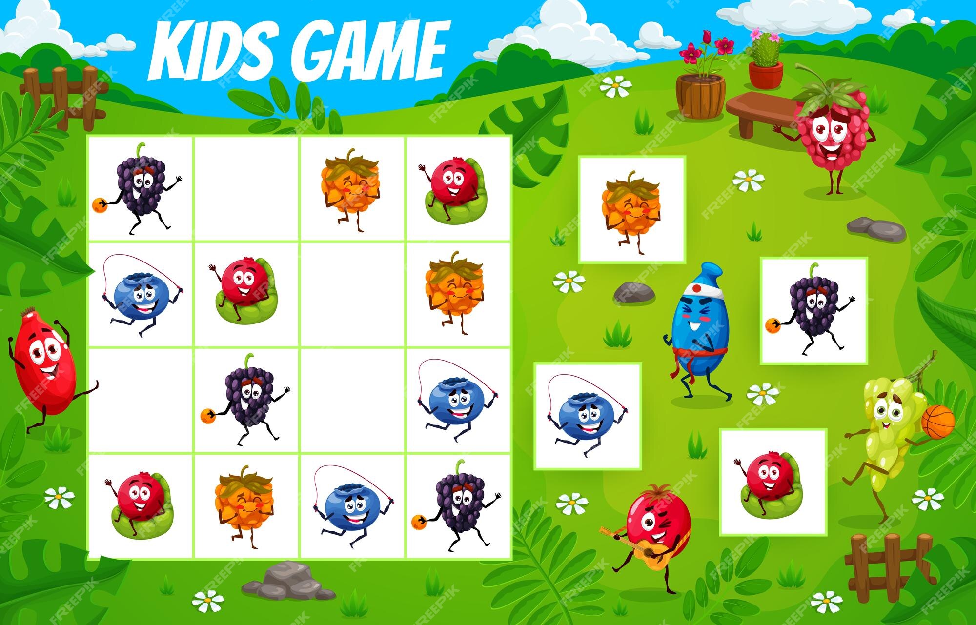 Jogo infantil sudoku, doces de desenho animado, personagens de