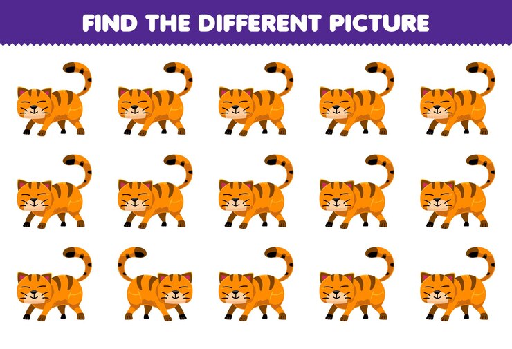 Vetor jogo para crianças encontrar a imagem diferente de gato de desenho animado bonito folha de trabalho de animais de estimação imprimível