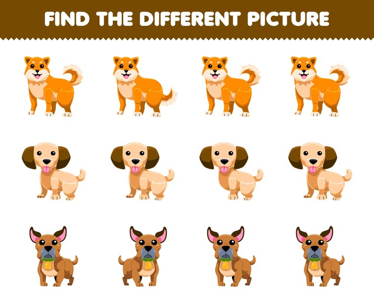 Vetor jogo para crianças encontrar a imagem diferente em cada linha de cão bonito impressível folha de trabalho de animais de estimação