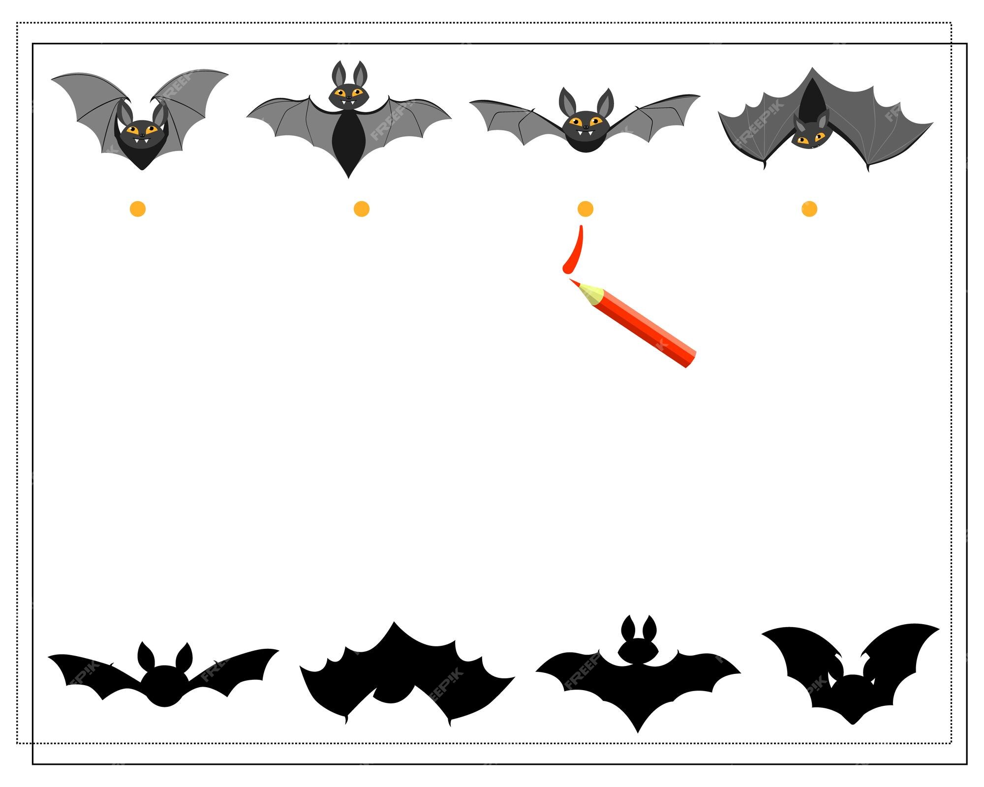 Jogo de educação para crianças encontra a silhueta de sombra correta de  desenho animado bonito morcego de fogo aranha peito frankenstein halloween  planilha imprimível