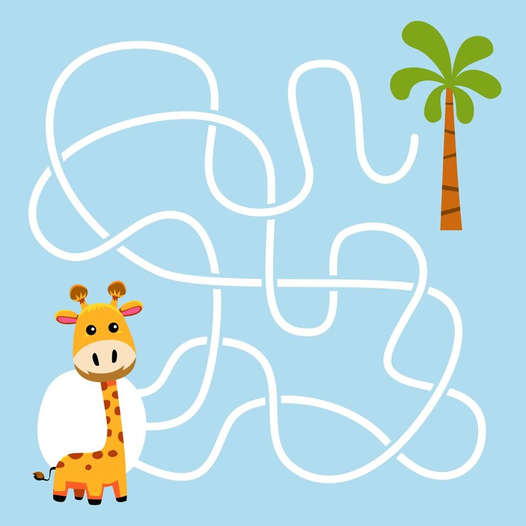 Jogo para crianças labirinto de cordas simples com girafa de desenho animado bonito mover para a árvore folha de trabalho animal